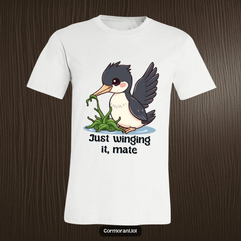 Funny cormorant t-shirt, a kawaii bird playfully nudging a piece of seaweed, highlighting its charming and whimsical nature.