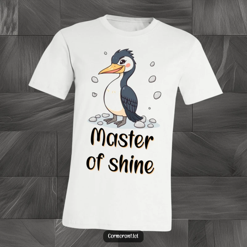 Funny cormorant t-shirt showing a winking bird juggling pebbles, perfect for performers and humor lovers.