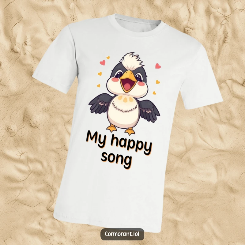 Funny Cormorant T-Shirt: A cheerful bird with an open beak, melodically singing a happy tune, embodying pure joy and musicality.