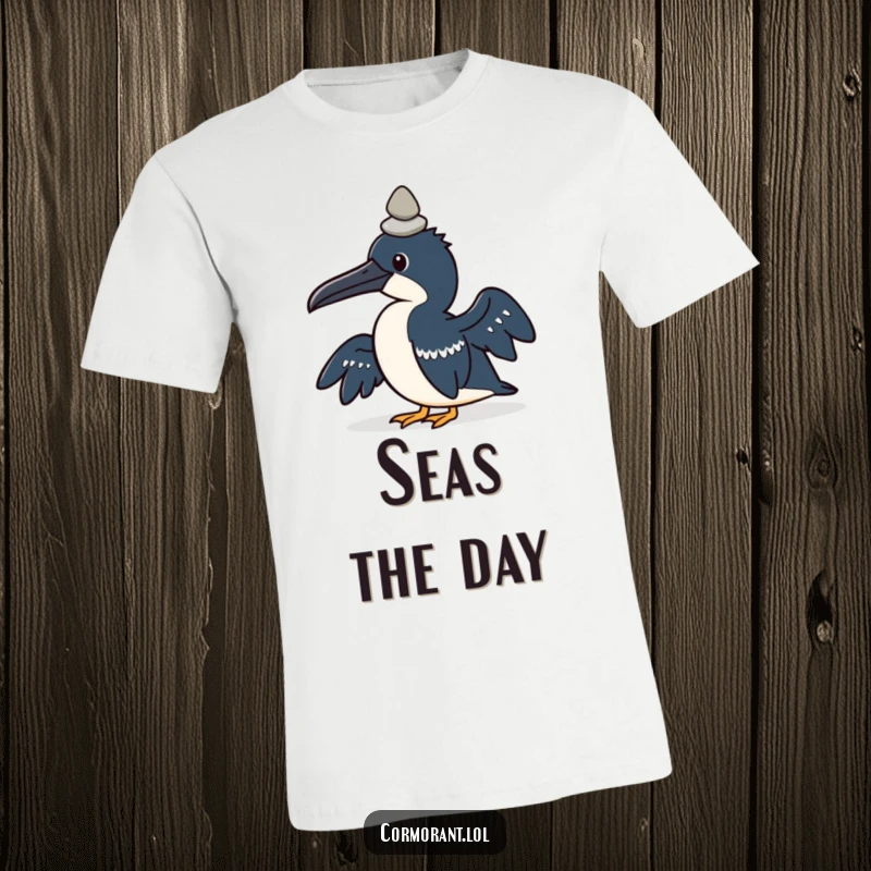 Funny t-shirt with a kawaii cormorant bird focused on balancing a small pebble on its head.