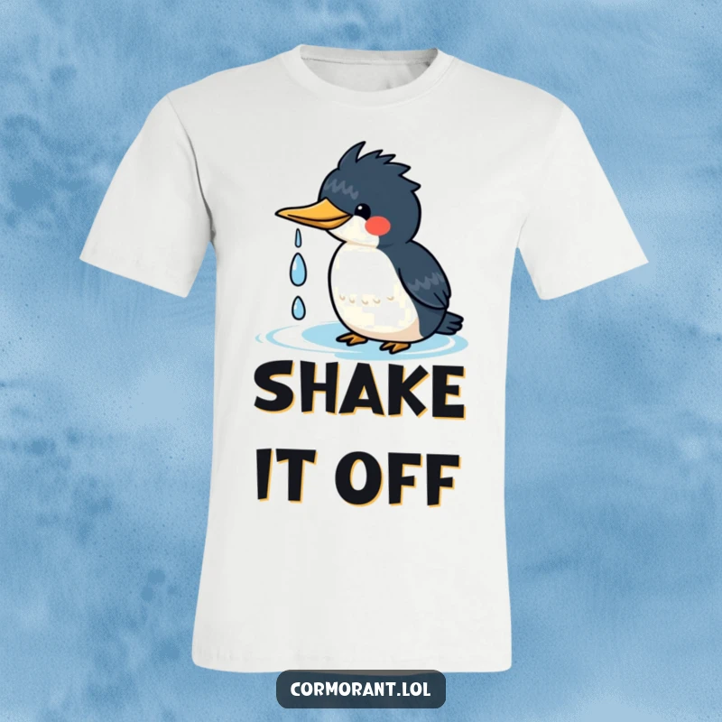 Funny kawaii cormorant t-shirt depicting a cute bird happily shaking water droplets off its head, exuding pure joy.