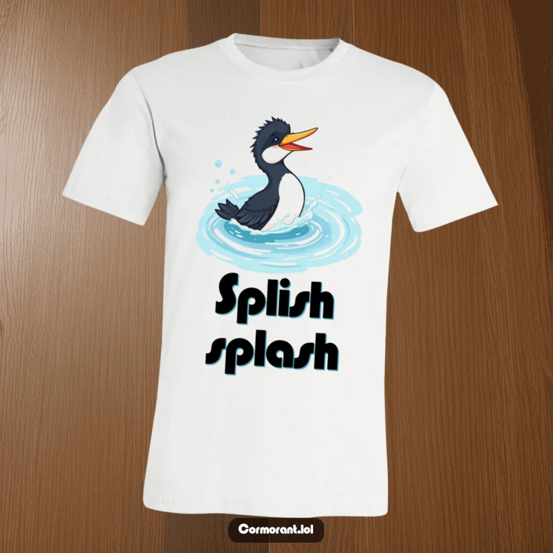 Funny cormorant t-shirt, playful bird splashing gleefully in a bubbly, azure pond, depicting water fun and pure happiness.