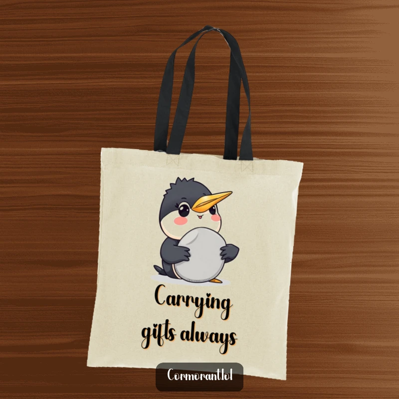 Funny Cormorant Tote Bag: A charming tote bag illustrating a funny cormorant smiling as it offers a smooth grey pebble.