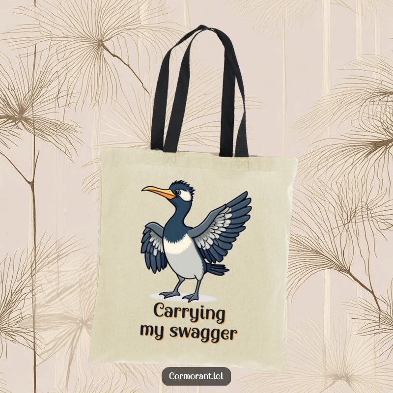 Funny cormorant tote bag, doing a little strut, wings spread, charming and practical, a wonderful funny gift.