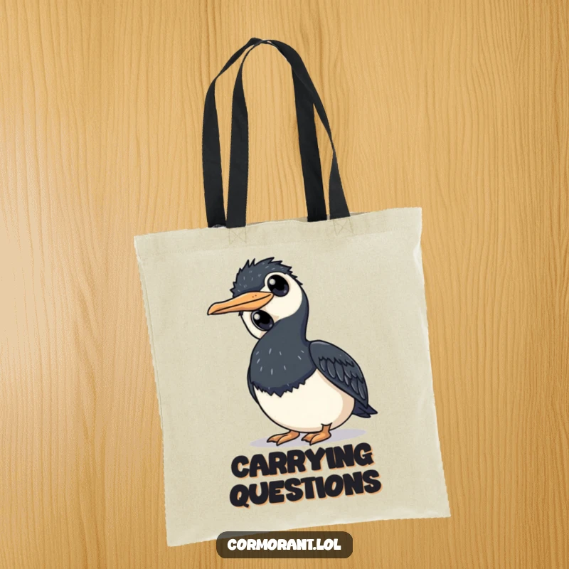 Funny cormorant tote bag with a bird tilting its head curiously, perfect for carrying essentials and ideas.