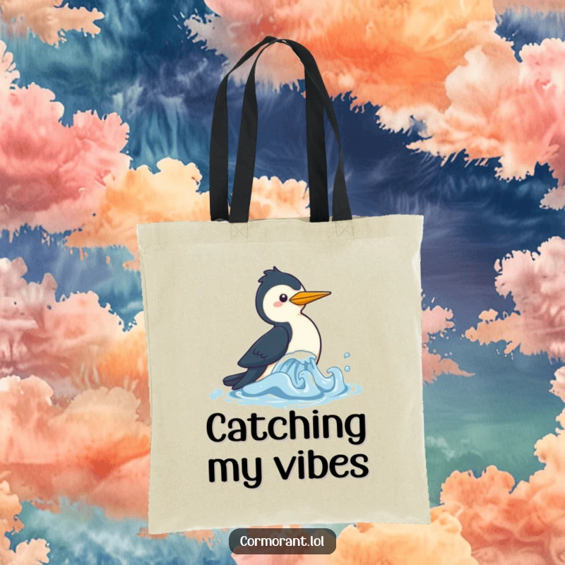 Funny Cormorant Tote Bag featuring a kawaii bird chasing a wave, perfect for beach trips and everyday use with a touch of humor.