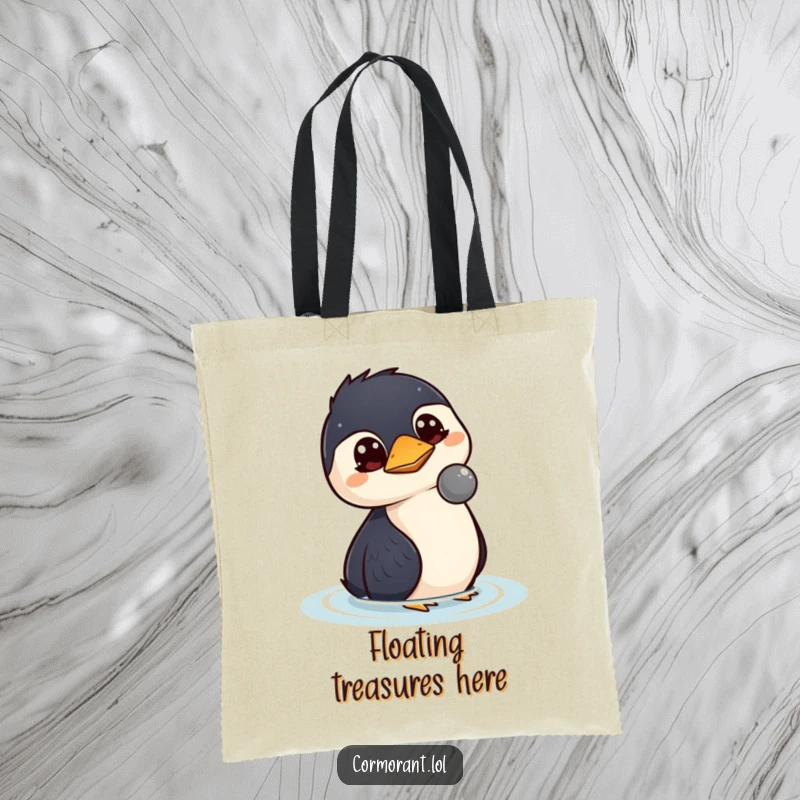Funny kawaii cormorant tote bag with wide, curious eyes watching a floating object, great for carrying daily items.