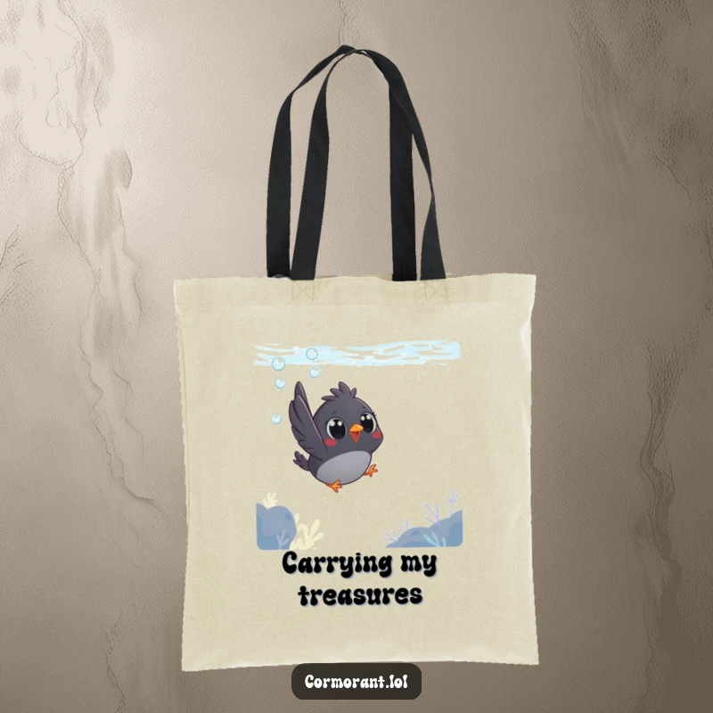 Funny tote bag depicting a small, dark bird with big, round eyes joyfully diving into the water.
