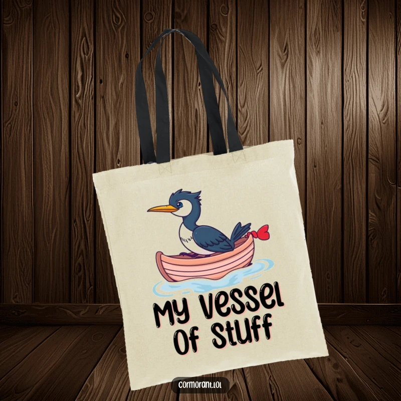 Funny Cormorant Tote Bag with a cormorant riding a small, whimsical boat, perfect for carrying items with a nautical, humorous theme.