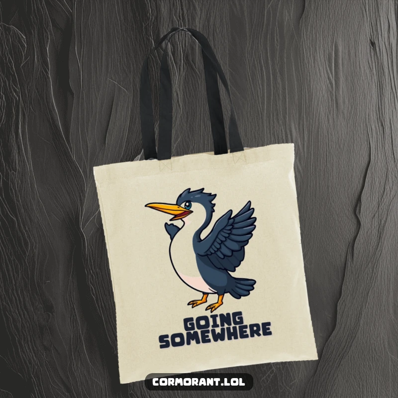 Funny Cormorant flapping its wings vigorously on a tote bag, symbolizing energetic movement and readiness for flight.