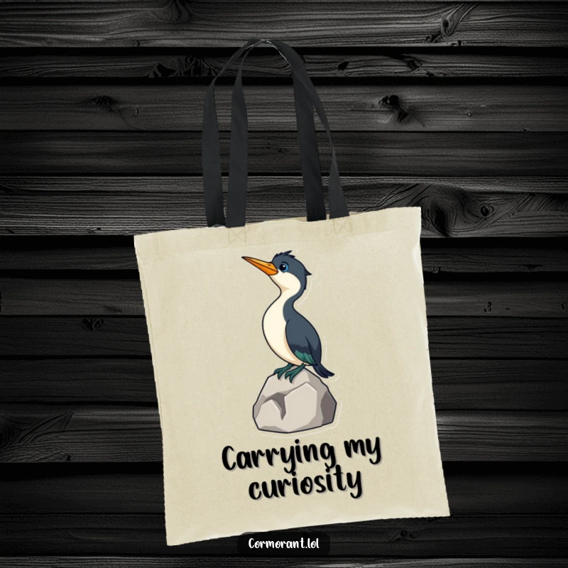 Funny Cormorant Tote Bag: A humorous depiction of a curious cormorant bird stretching its neck from a rock, ideal for everyday carry.