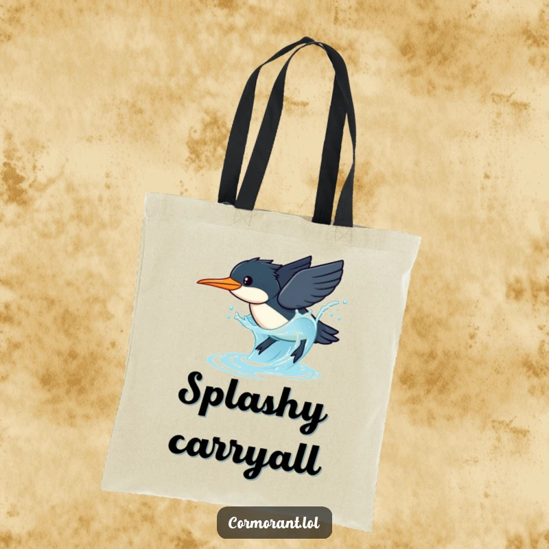 Funny Cormorant Tote Bag: A kawaii cormorant dives gracefully into sparkling blue water with a dramatic splashy pose.