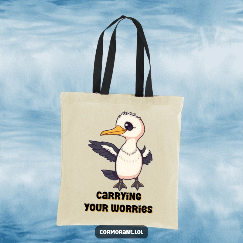 Funny Cormorant Tote Bag with a friendly bird extending a wing towards the viewer, perfect for carrying essentials happily.