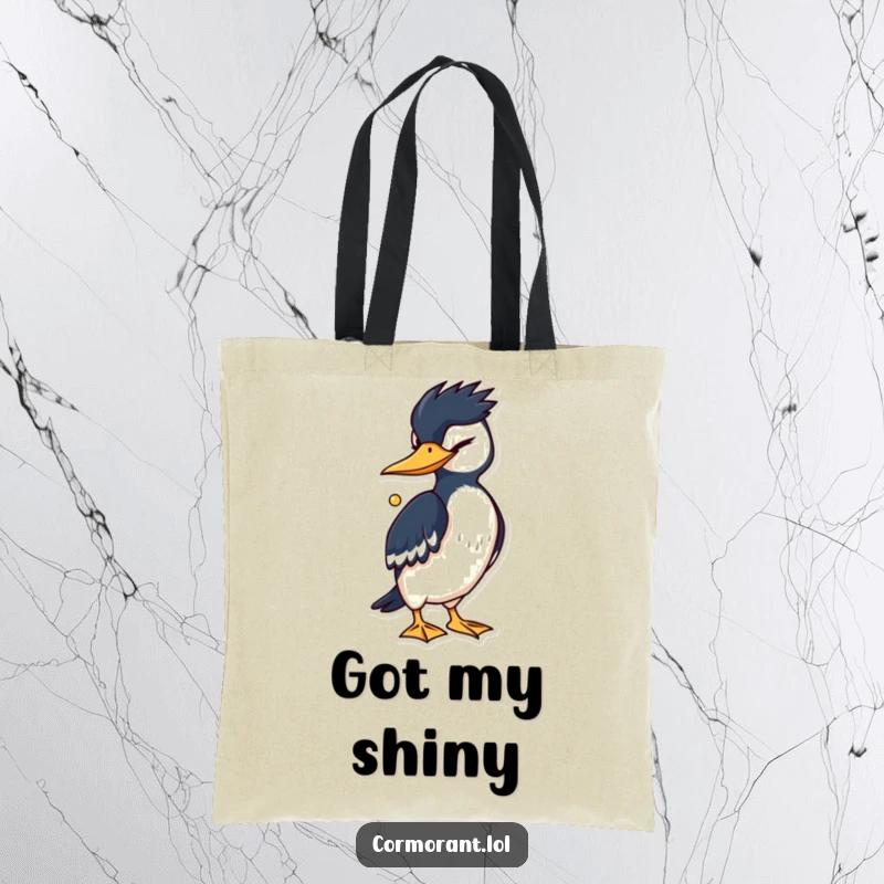 Funny Cormorant Tote Bag: A winking cormorant clutches a shiny item, a humorous and stylish accessory for carrying secrets.