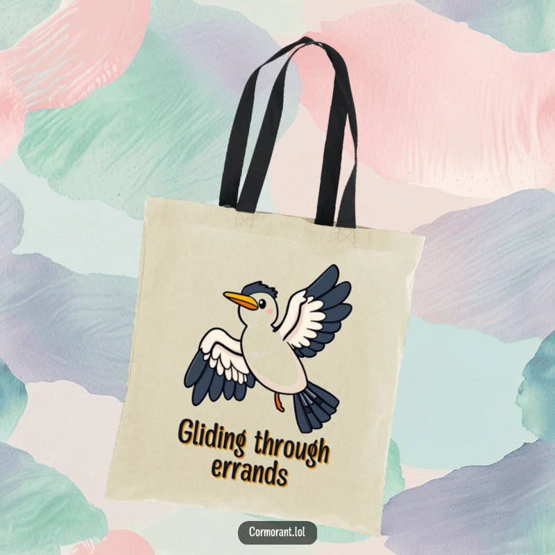 Funny tote bag showcasing a kawaii cormorant joyfully gliding on a breeze with wide-spread wings, a portable piece of nature.