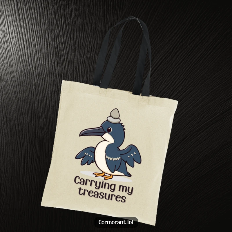 Funny tote bag with a kawaii cormorant bird attempting to balance a small pebble on its head.