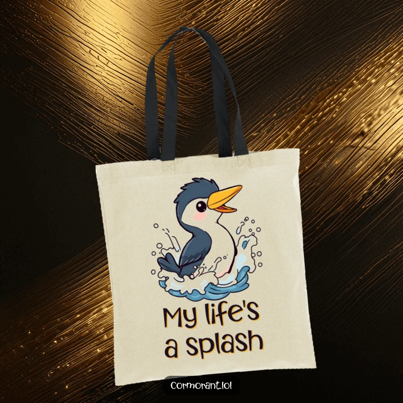 Funny Cormorant Tote Bag: A delightful bird shown splashing playfully in dynamic, stylized ocean waves, ready for your daily adventures.
