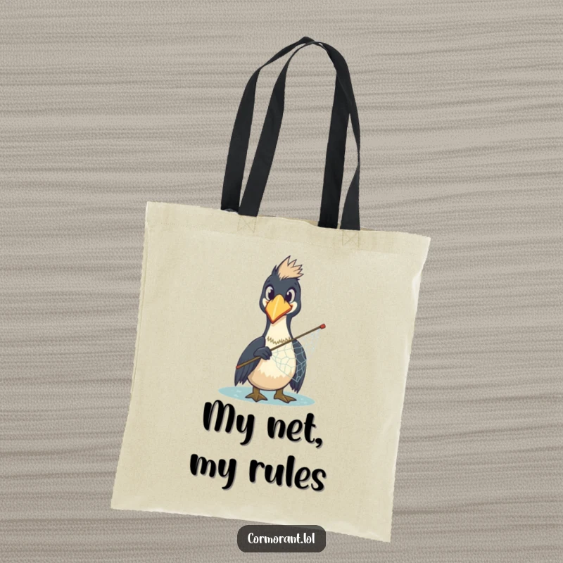 Funny Cormorant Tote Bag: A comically surprised cormorant is pictured holding a misplaced net, ideal for carrying your funny finds.