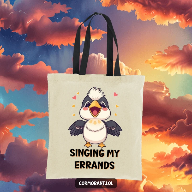 Funny Cormorant Tote Bag: A cheerful bird with an open beak, joyfully singing a happy tune, perfect for carrying essentials with musical flair.